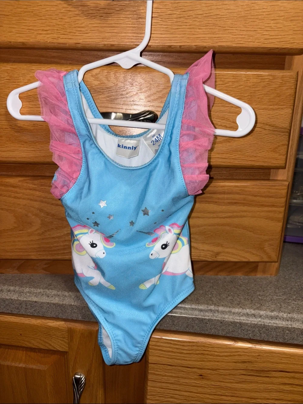 Kinny Blue Unicorn One-Piece Swimsuit with Pink Ruffle Sleeves